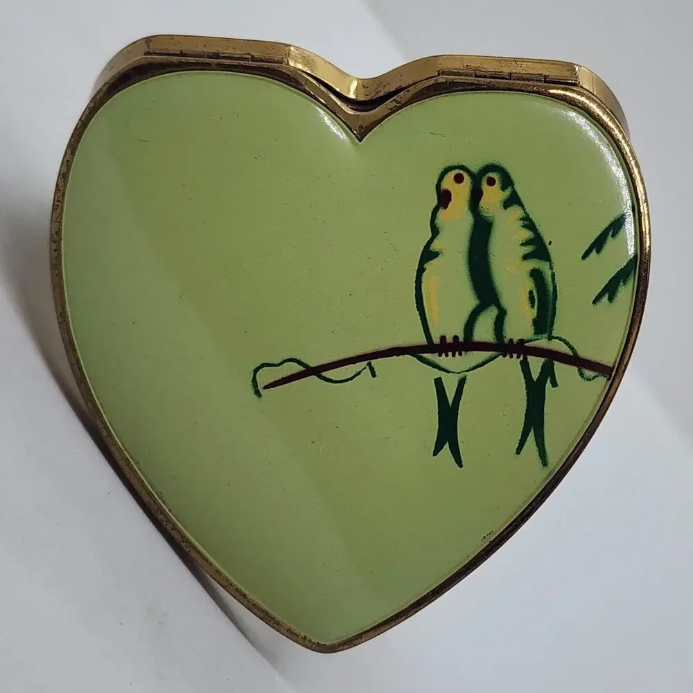 Vintage Heart Compact Lovebirds Mirror Powder Case USA Gold Tone Enamel RARE